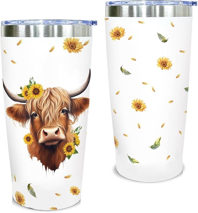 Highland Cow Tumbler - 20oz Stainless Steel Travel Mug, Cute Highland Cow Gifts for Women Friends, Birthday Gifts for Cowgirl, Farming Gifts for Female Farmers, Lover Presents for Friends, Bestie