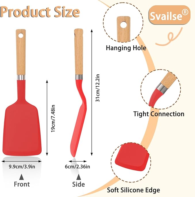 Silicone Spatula Turner, Heat Resistant Pancake Flipper Spatulas for Nonstick Cookware, Cooking Utensils with Wood Handle for Serving, Baking, Frying, Egg, Fish and Burger (1, Red)