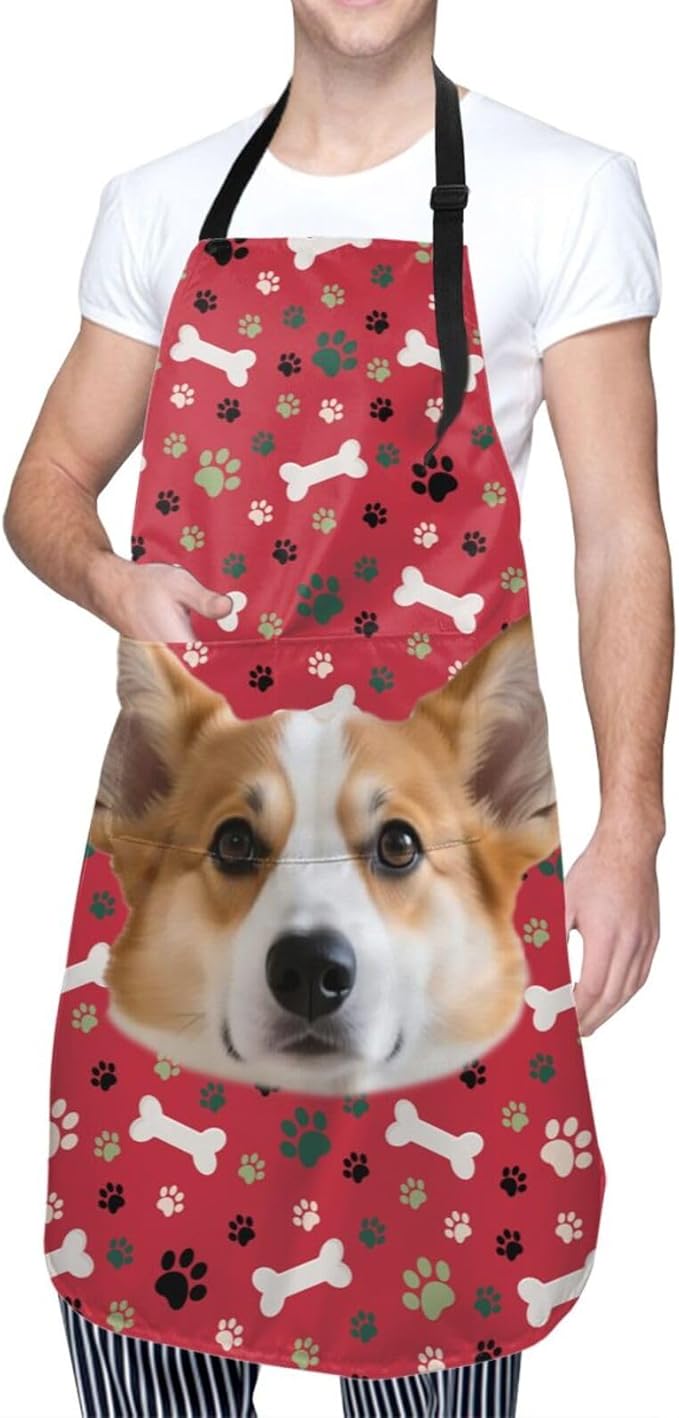 Custom Dog Face Apron for Men Women, Personalized Photo Bib Apron with Pockets, Customized Chef Aprons