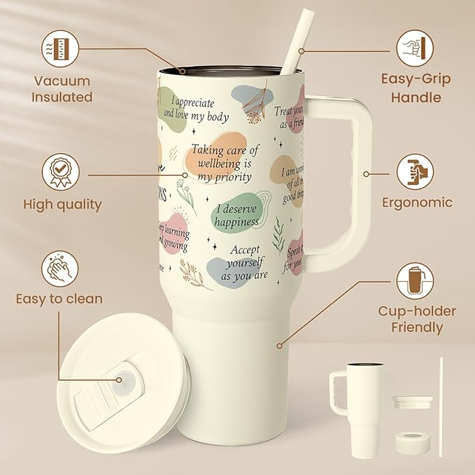 SANDJEST Inspirational Tumbler with Handle 40oz, Daily Positive Inspiration Coffee Cup Stainless Steel Travel Mug, Motivational Gifts for Women Girls Friends Coworker, Gift for Christmas Birthday