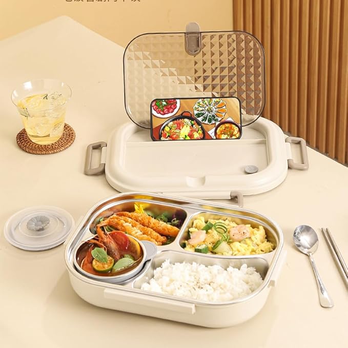 Bento Box Adult Lunch Box 304 Stainless Steel Portable Leakproof Lunch Food with Chopsticks Spoon Soup Bowl Large Capacity Sealed 1500ML (White-4 Compartments, 10.23IN*6.69IN*2.76IN)