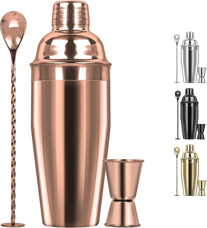 Large 24oz Cocktail Shaker Set, Stainless Steel 18/8 Martini Mixer Shaker with Built-in Strainer, Measuring Jigger & Mixing Spoon, Martini Shaker Set, Perfect for Bartender and Home Use, Rose Gold