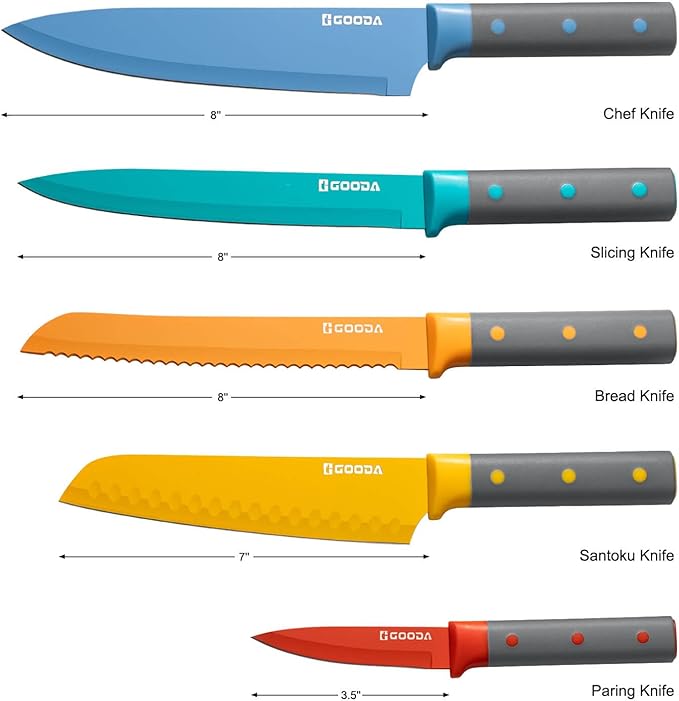 GOODA Knife Set,10 Pieces Nonstick Coating Kitchen Knife Set,Dishwasher Safe Stainless Steel Chef Cooking Knife Sets with 5 Blade Guards,Multicolor