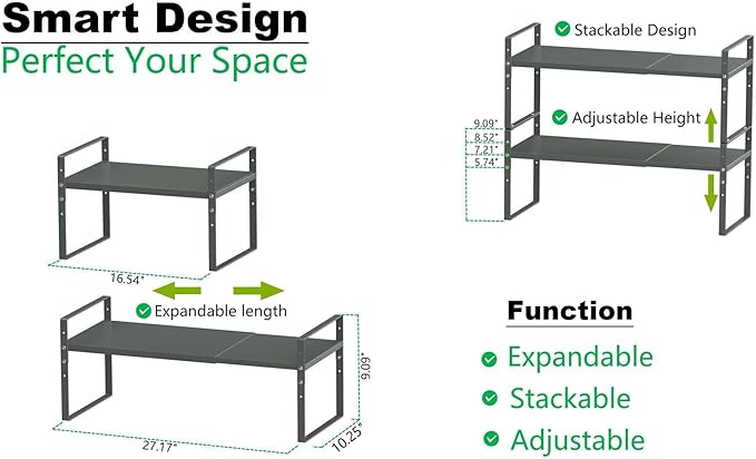 Expandable Stackable Spice Rack Cabinet Shelf Organizer in Cabinets Shelves Kitchen Cupboard Organization Stack up Racks Pantry Countertop Storage (Gray, Large 1 Pack)