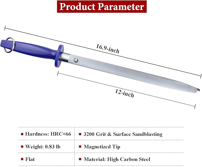 Upgraded 12 Inch Honing Steel Magnetized Super Hardness Professional Sharpening Steel Rod for Kitchen Knives, Honing Rod Flat with Gift Box 3200 Grit Brushed Blue
