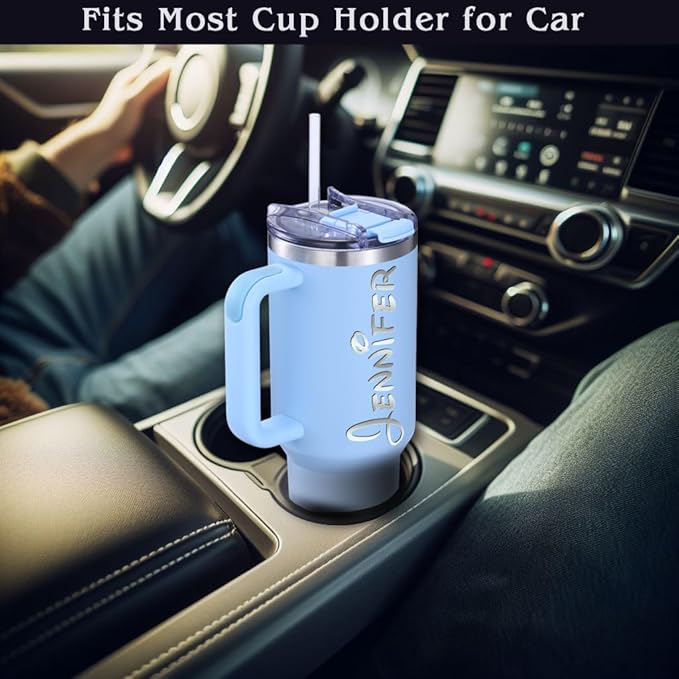 iProductsUS Personalized 40oz Tumbler with Handle & Straw Christmas Gift for Mom & Wife! Custom Engraved Name/Birth Flower, Spill-Proof Lid, Insulated Stainless Steel Travel Coffee Mug! (Sky Blue)