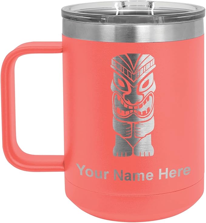 LaserGram 15oz Vacuum Insulated Coffee Mug, Tiki Statue, Personalized Engraving Included (Coral)