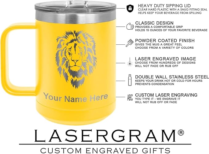LaserGram 15oz Vacuum Insulated Coffee Mug, Tiki Statue, Personalized Engraving Included (Yellow)