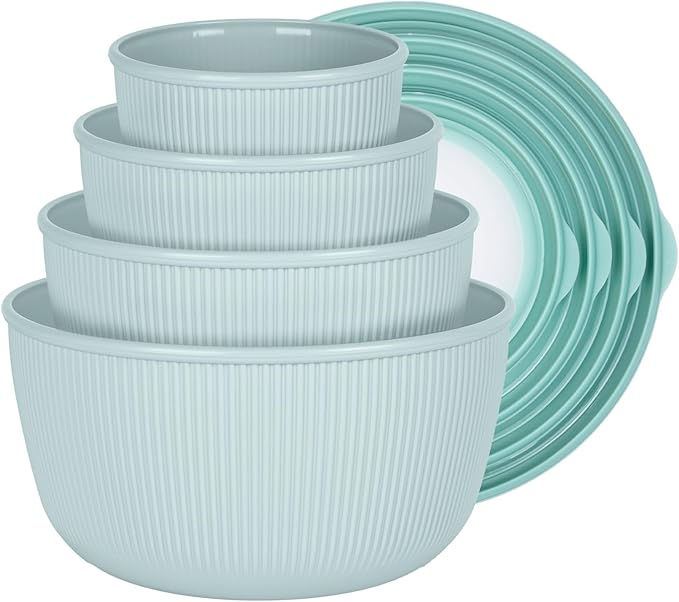 BoxedHome Mixing Bowls with Lids - 8 Piece Plastic Nesting Bowls Set includes 4 Prep Bowls and 4 Lids, Microwave and Dishwasher Safe, Green