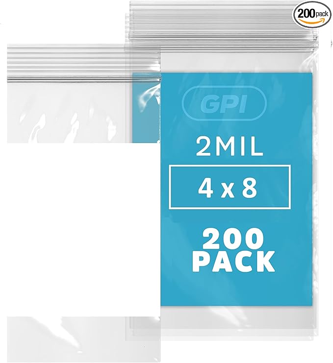 200 Count, 4" x 8" Zip Bags, 2 Mil Thick Clear Plastic Reclosable Zipper Lock Bags with Write-on White Block, with Resealable Zip Top Lock for Food Storage, Jewelry, Candy.