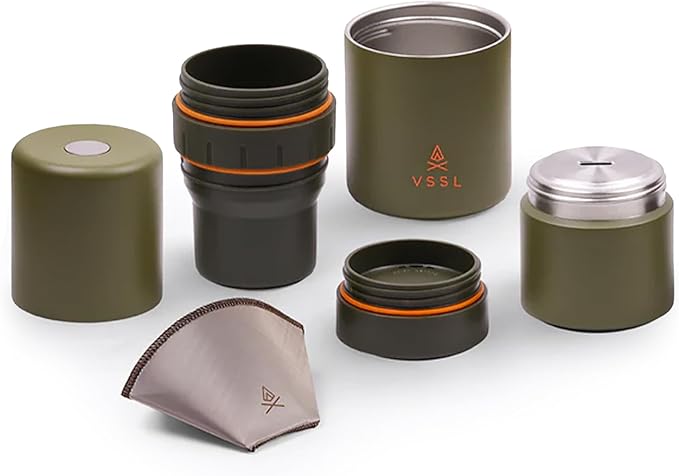 VSSL - Nest Pour Over Coffee Kit | Coffee Maker for Camping | All-In-One Travel Pour Over | Transportable Dripper, Two 10oz Stainless Steel Travel Mugs | Compact Storage & Adventure Ready | Deep Moss