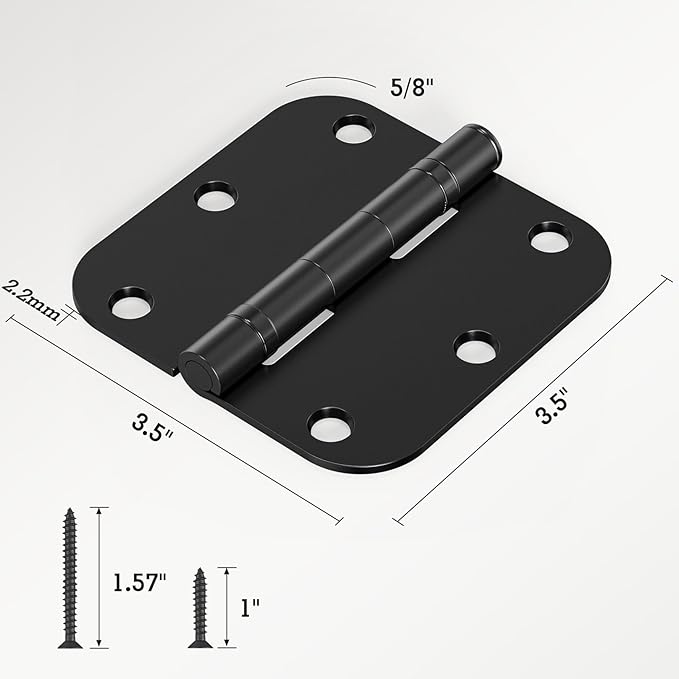 12 Pack Anti Squeak Matte Black Door Hinges 3.5 Inch 5/8" Radius Interior 3-1/2" Round Ball Bearing Hinges for Doors Flat Bifold Standard Bedroom 3 ½" Hardware Essentials House Home Decor Accessories