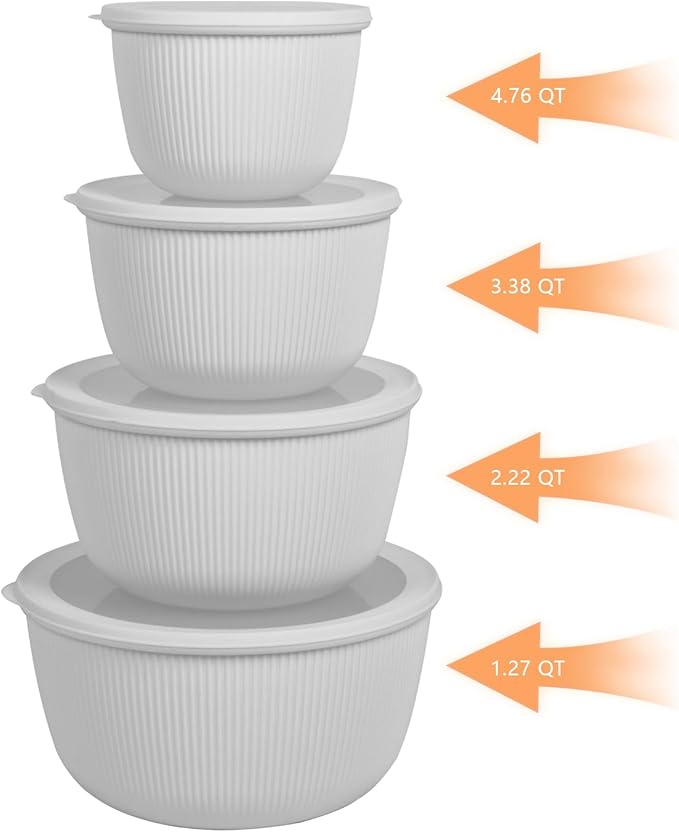 BoxedHome Nesting Plastic Mixing Bowls, BPA-Free Plastic, Microwave and Dishwasher Safe, Set of 4, 2.5 quart, 3.5 quart, 4.5 quart, Grey