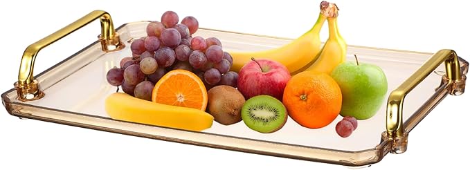 uxcell Plastic Serving Tray with Golden Handle, 12 x 8.6 Modern Rectangular Decorative Tray Acrylic Reusable Tea Platter for Countertop Bathroom Kitchen Home Restaurant, Gold