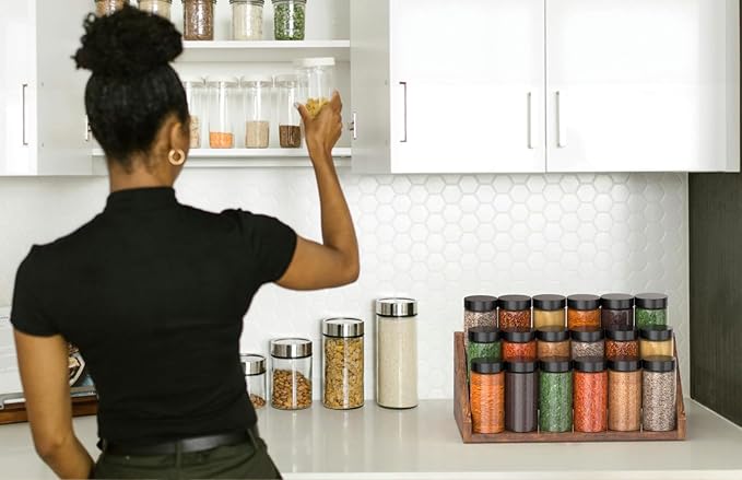 3 Tier Wood Spice Rack Organizer for Cabinet, Super Sturdy Display Riser Shelf Seasoning Organizer for Countertop Pantry Cupboard, Retro Storage Holder for Kitchen Condiment Jar Spice Container