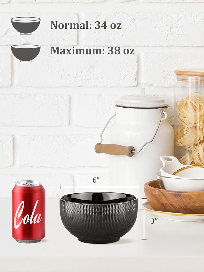 Yedio Black Ceramic Bowls Set of 4, 38 oz Porcelain Large Bowl for Kitchen, Cereal, Soup, Dessert, Rice, Snack, Fruits, Ice Cream, Noodle,Breakfast, Microwave Dishwasher Freezer Oven Safe