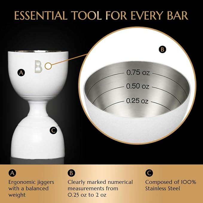 Double Bell Jigger by Bull In China - 0.25oz to 2oz Measures for Cocktails, Bars & Bartenders (Matte White)