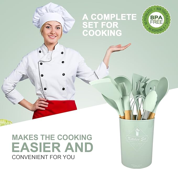 Silicone Cooking Utensils Kitchen Utensil Set - 446°F Heat Resistant Silicone Kitchen Utensils Set, Spatula,Turner Tongs, Spoon, Brush, Whisk,Kitchen Gadgets for Nonstick Cookware, BPA Free (Green)