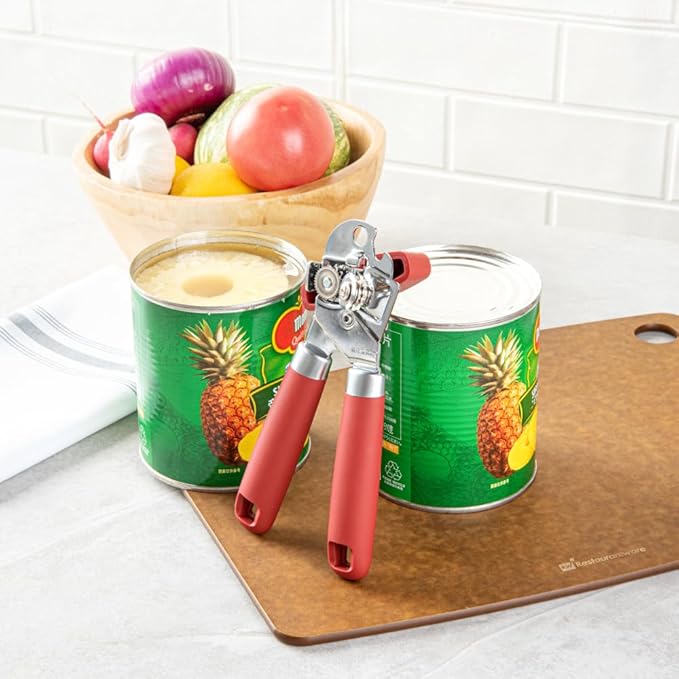 Restaurantware Comfy Grip 7.6 x 1.9 x 2.1 Inch Can Opener 1 Durable Manual Can Opener - Sharp Wheel Blade Grip Handle Red Stainless Steel Hand-Held Can Opener Built-In Bottle Opener