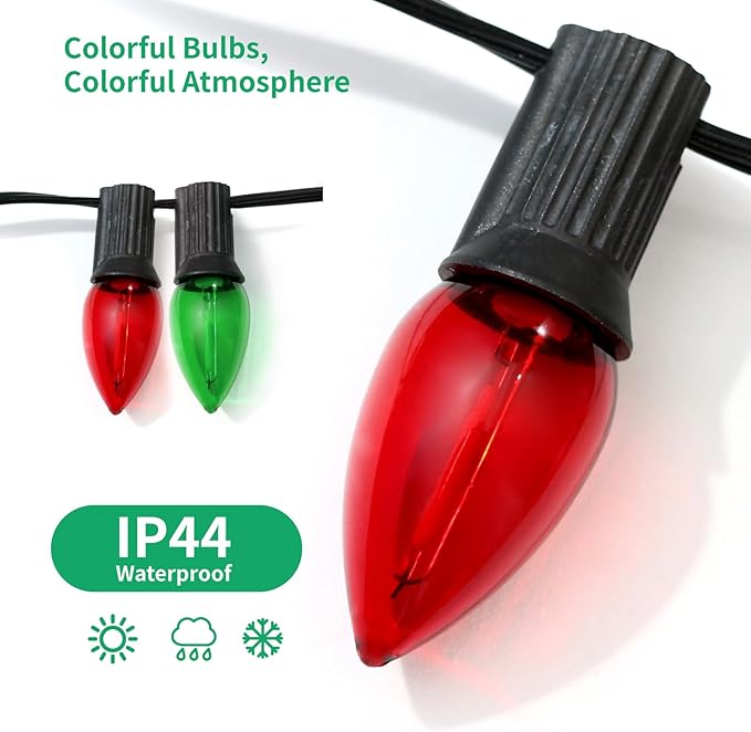 Meconard C7 Led Replacement Christmas Light Bulb, C7 Shatterproof Led Bulbs for Christmas Indoor Outdoor String Lights, E12 Candelabra Base Red Light Bulbs Green Light Bulb, 25 Pack