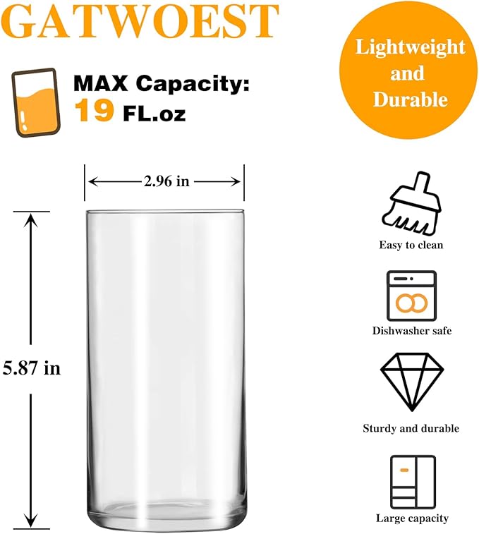 Everyday Drinking Glasses Set of 6, 20 oz Lightweight Thin Highball Glasses,Clear Lead-Free Tall Glass Cups For Water,Juice,Mojito,Mixed Drinks,Iced Coffee,Ice Tea,Kitchen Cocktails Glass
