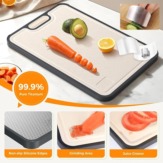 Titanium Cutting Board for Kitchen-2 in 1 Double Sided Pure Large Cutting Board with Magic Cube Texture & 2 Stainless Steel Finger Guards, Non-Slip, Scratch-Resistant, Dishwasher Safe