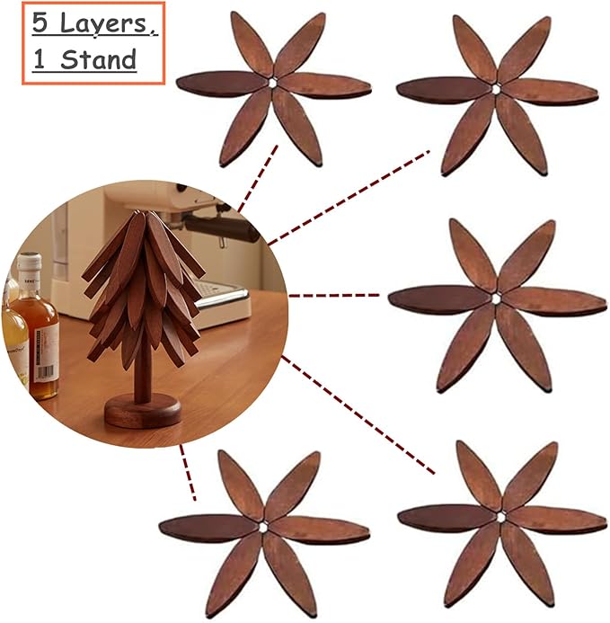 Wooden Trivets for Hot Dishes,Tree Shape Trivet Set,Placemat Solid Wood Table Mat for Hot Pots,Pans 5 Layers+1 Stand Heat Insulation Ornament Christmas Decorations DIY Xmas Gift