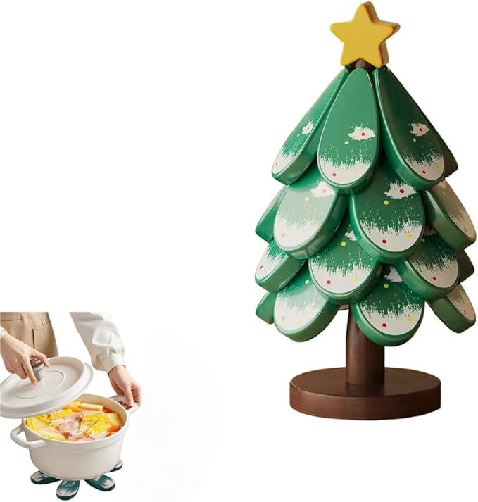 Christmas Tree Trivet,Wooden Tree Trivet Set of 4 Wooden Trivets & 1 Stand Like a Christmas Tree, Foldable Kitchen Wooden,for Hot Dishes Pot Bowl Teapot Hot Pot Holder (Star 4pair)