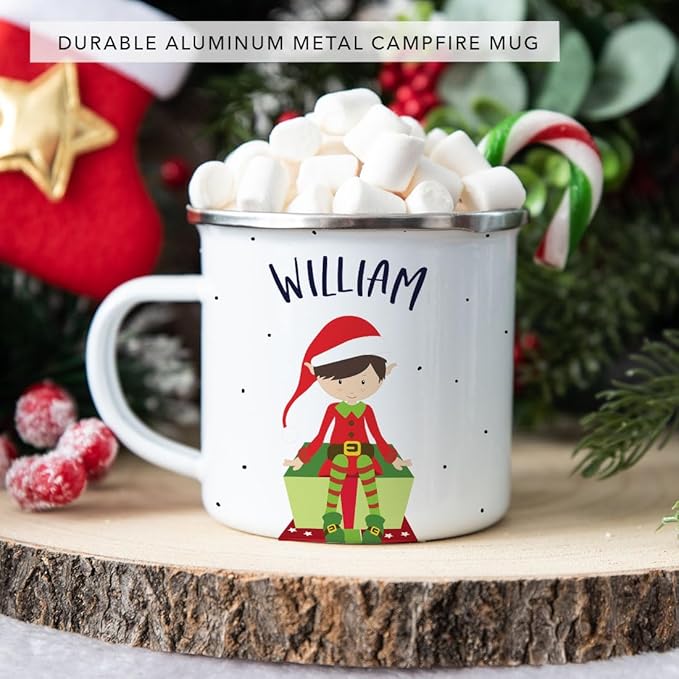 Andaz Press Personalized Name 11oz. Kids Christmas Hot Chocolate Stainless Steel Campfire Coffee Mug, Red Boy Xmas Elf Seated, 1-Pack, Custom Birthday Xmas Cup Christmas Hot Chocolate Mug