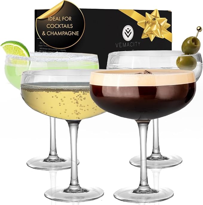 VEMACITY - Elegant Espresso Martini Glasses Set of 4 (10oz) - Classic Coupe Glasses for Martinis, Champagne, Margaritas | Handblown Crystal Cocktail Glassware | Ideal for Christmas & New Years