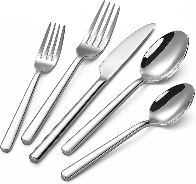 40-Piece Silverware Set, Heavy-Duty Stainless Steel Flatware Set for 8, Cutlery Set with Modern Round Handle, Mirror Polished Silverware for Home, Wedding, Restaurant, Dishwasher Safe