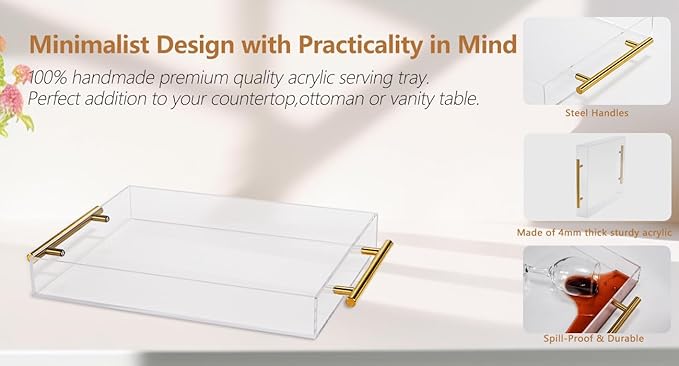Clear Acrylic Tray with Metal Handle,No Need to Assemble-for Ottoman,Coffee Table, Breakfast, Tea, Food, Butler - Decorative Tray (12x18 Inch, Clear)