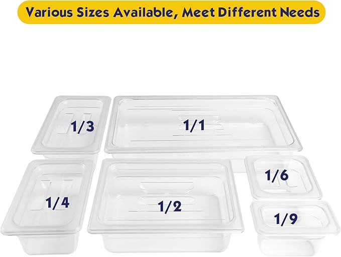 6 Pack NSF Food Pans with Lids, 1/9 Size 4'' Deep Commercial Food Storage Containers, Polycarbonate, Clear