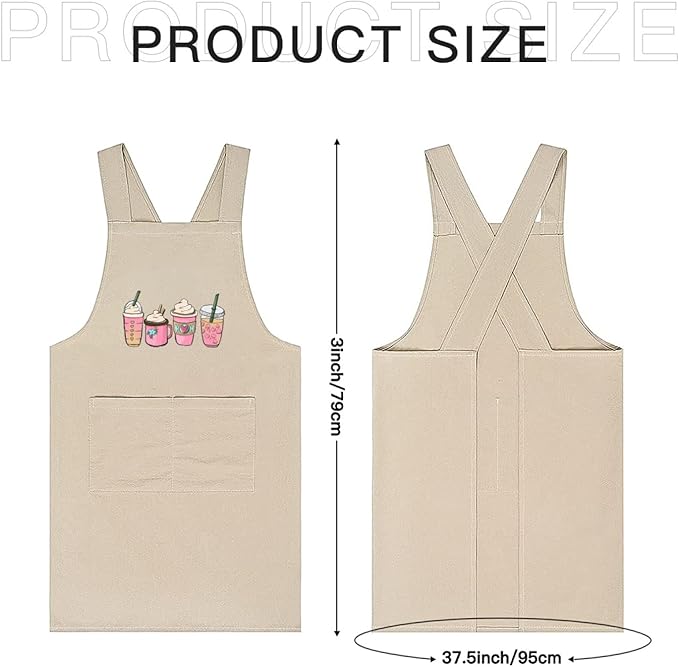 Cotton Linen Apron Non-tie Cross Back Kitchen Apron with Pockets Soft Comfortable Durable for Cooking Baking Gardening (Khaki)