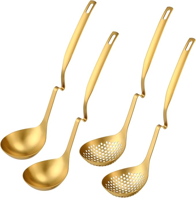 Patelai Hot Pot Slotted Ladle Set Stainless Steel Soup Ladle Strainer Scoops Cooking Skimmer Cookware Utensil for Hotpot Scooping Sauce Serving, 12 Inch(4 Pcs,Gold)