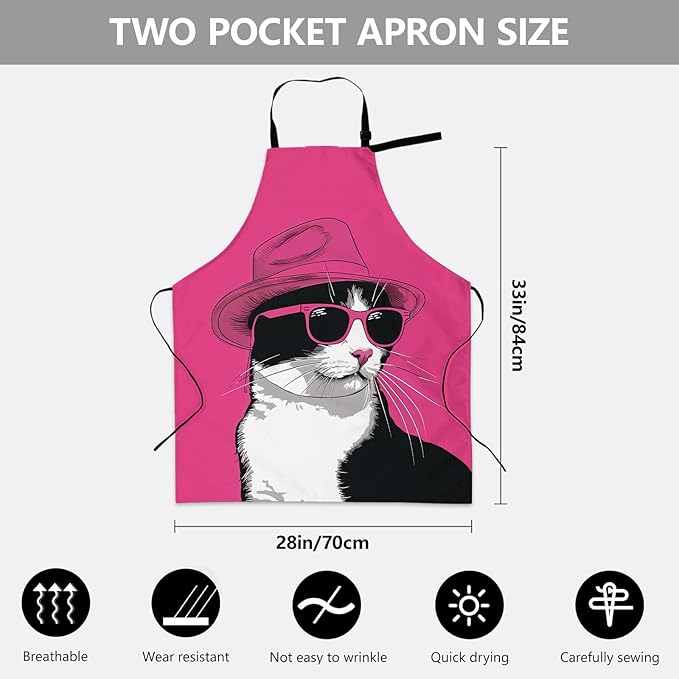 Cool Cat Apron, Adjustable Kitchen Stylish Kitten in Pink Hat Aprons with Pockets for Cooking BBQ Gardening, 28×33 IN, Holiday Gifts for Women Mom Wife, for Chef Baking, Oxford Fabric