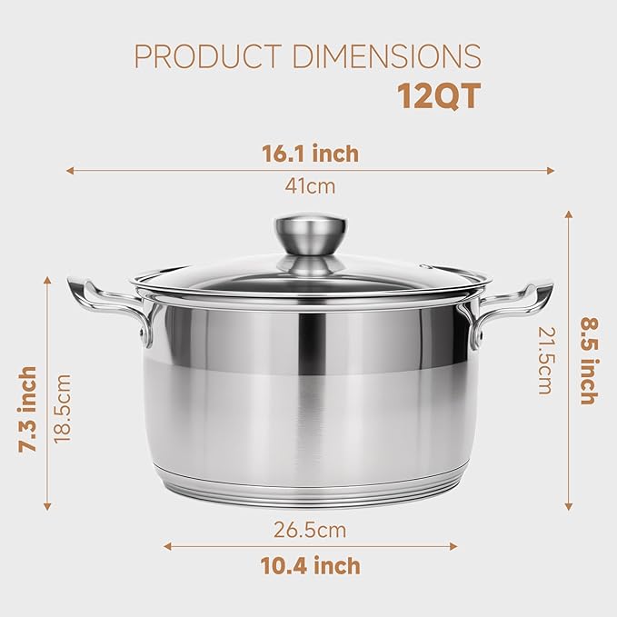 Ohtomber Stainless Steel Stock Pot - 12 Quart Large Cooking Pot with Lid for Pasta, Soup, Spaghetti, Nonstick Thick Base Deep Stockpot, Kitchen Cookware for Stew, Simmer, Boiling, Canning