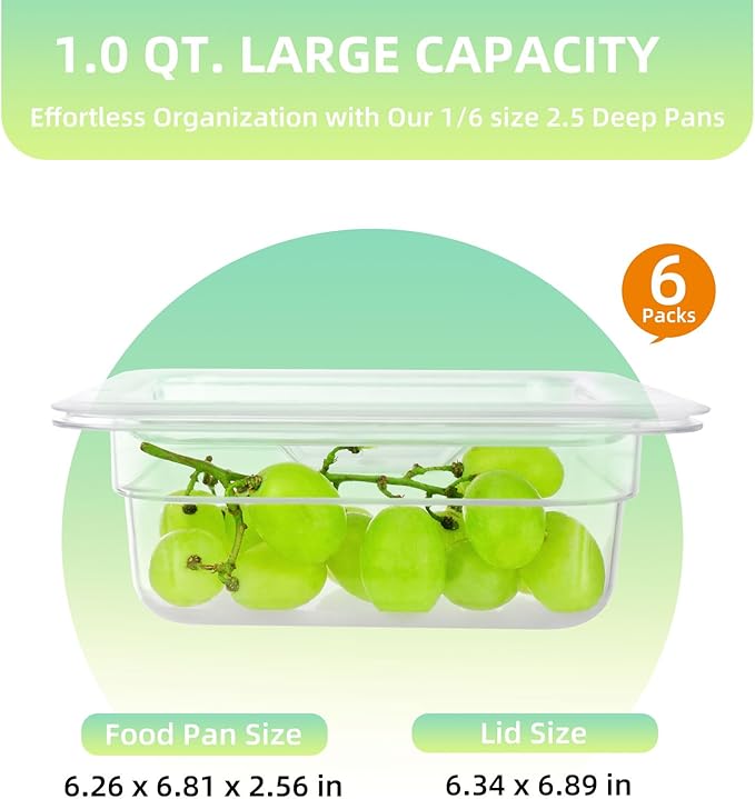 6 Pack 1/6 Size Food Pan with Lids,Stackable Freezer-Safe Meal Prep Containers for homes schools restaurants hotels -40°F to 212°F (1/6 size 2.5 inch deep, 1.1L/1.1QT)