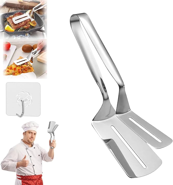 Stainless Steel Grill Clamp, 10/12 in Anti-Scald Extended Handle Spatula Tongs, Multifunctional Stainles Steels Double-Sided Food Flipping Spatula Tongs Clip, for Flipping Steak, Fish (1, A, Short)