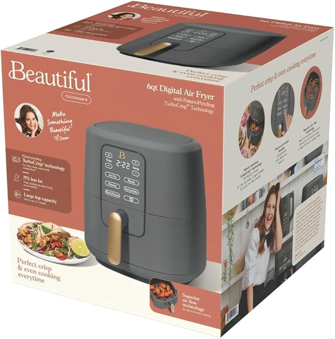 Beautiful by Drew Barrymore 6-Quart Digital Air Fryer, TurboCrisp Technology, Touch-Activated Display, 1750W, 90–400°F, Dishwasher-Safe Basket (OYSTER GREY)