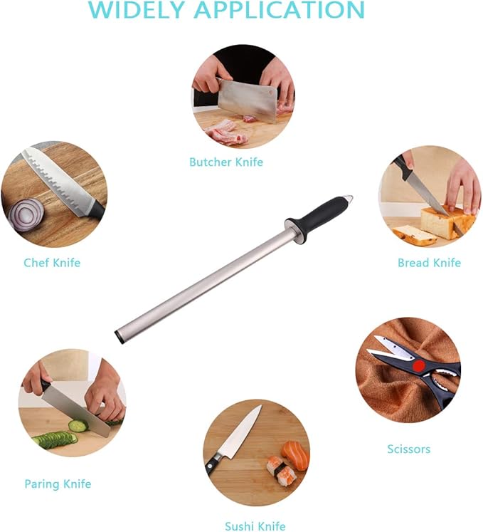 Diamond Sharpening Steel, Kitchen Knife Sharpener, Professional Chef Honing Rod, Oval 600#, 12inch Length , Fits all kinds of Knives, Home Premium