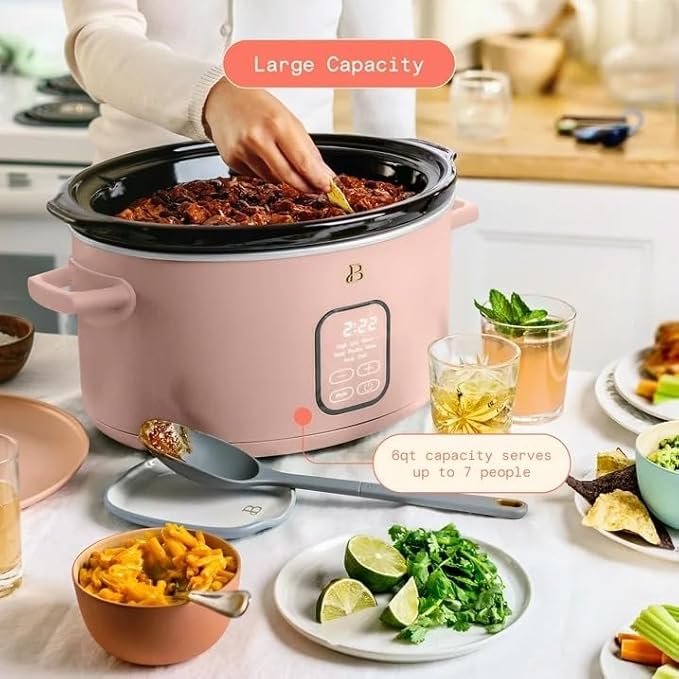 Beautiful 6 Qt Programmable Slow Cooker with Touch Control, Digital Timer and Keep Warm Function – Large Electric pot Capacity Kitchen Appliance by Drew-Barrymore (Rose)