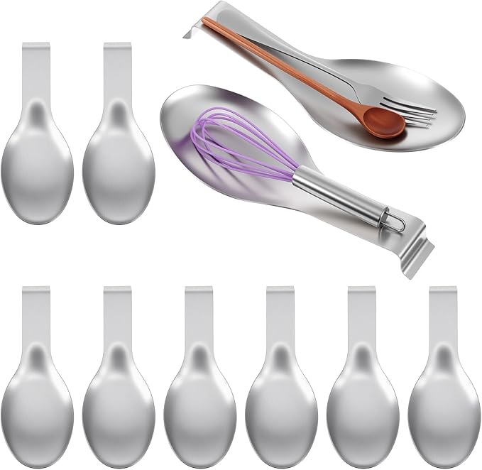10 Pcs Stainless Steel Spoon Rest, Spatula Ladle Holder Utensil Spoon Rest for Stove Top/Countertop Heavy Duty Ladle Holder Dishwasher Safe for Kitchen Cooking Utensils, 10.24 x 3.86 Inch (Silver)