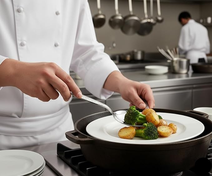 Chef Kunz Spoon | Pack of 2 | 18/10 Stainless Steel Professional Chef's 9 inch Solid Bowl Silver Plating Spoon | Non-Slip Grip Spoons for Basting, Quenelle, Serving, Sauces