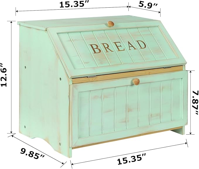 HOMEKOKO Double Layer Large Bread Box for Kitchen Counter, Retro Design Wooden Large Capacity Bread Storage Bin (Mint Green)