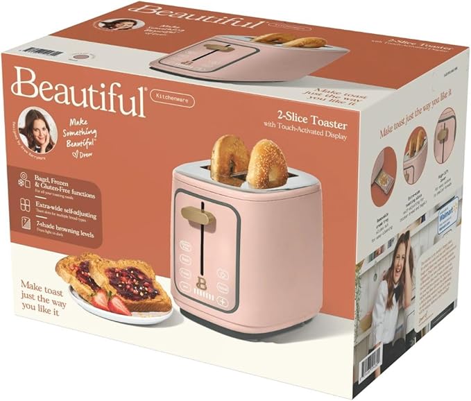 Beautiful by Drew Barrymore 2-Slice Toaster, Touch-Activated Display, 7 Shade Settings, Bagel/Frozen/Reheat Presets. (Rose)