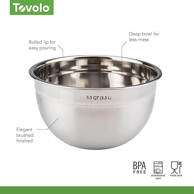 Tovolo Stainless Steel Mixing Bowls, 3.5 Qt - Metal Nesting Mixing Bowl with Rounded Lip for Easy Pour & Minimal Mess - Large & Small Dishwasher Safe Kitchen Supplies for Prep & Cooking