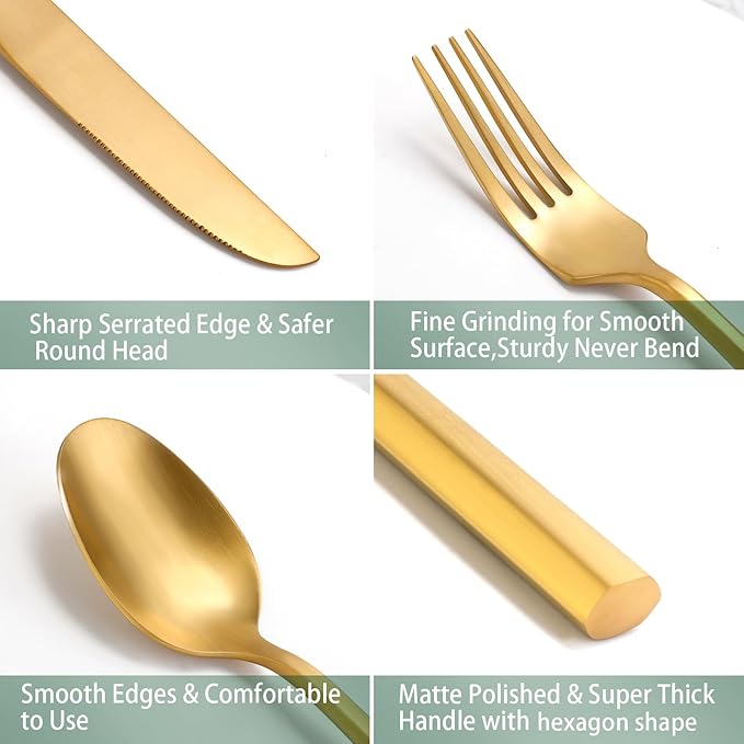 DEACORY Silverware Set Flatware Set Matte Gold Cutlery Set Brushed Brass Heavy Hexagon Handle Stainless Steel 20 Pieces Dishwasher Safe Service for 4