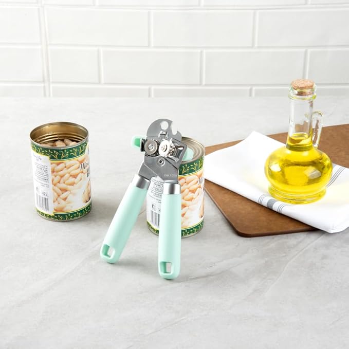 Restaurantware Comfy Grip 7.6 x 1.9 x 2.1 Inch Can Opener 1 Durable Manual Can Opener - Sharp Wheel Blade Grip Handle Mint Green Stainless Steel Hand-Held Can Opener Built-In Bottle Opener