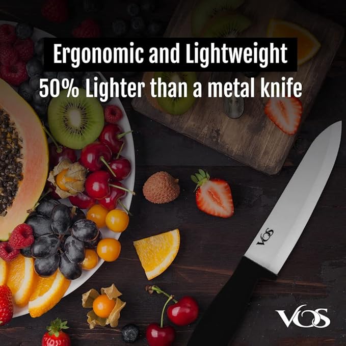 Vos Ceramic Knife Set with Peeler, Ceramic Knives Set For Kitchen, Ultra Sharp Kitchen Knife Set with Covers, 3" 4" 6" Paring, Utility & Chef Knife, Lightweight, Dishwasher safe (Black Handle)
